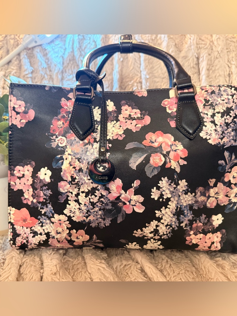 Classic Black Women's Shoulder Bag with Floral Trim